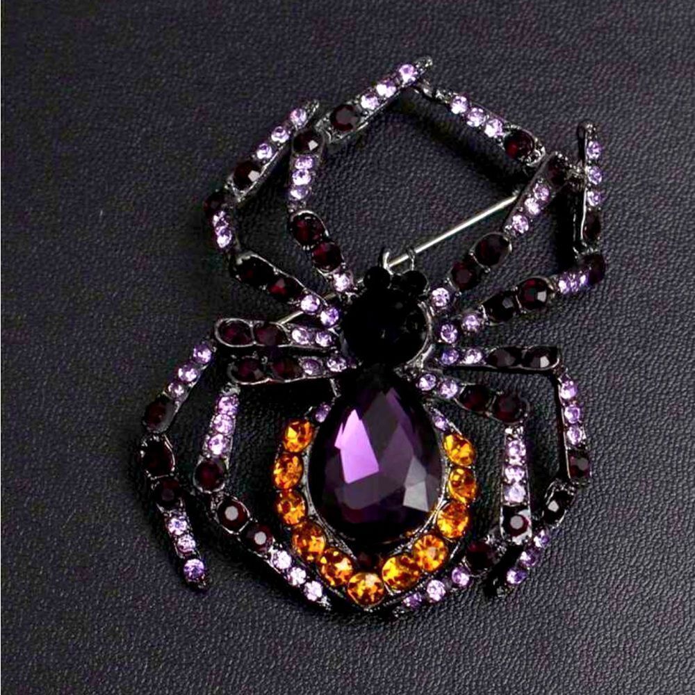 Gothic Rhinestone Spider Brooch, Black, Orange, and Purple, Dark W…
